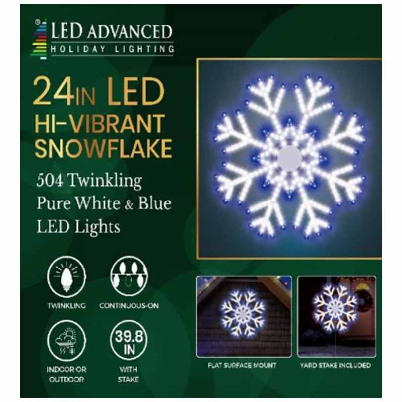 The Snowflake - LED Outdoor Decor - 24" features 504 pure white and blue twinkling lights, twinkling or continuous modes, indoor/outdoor use, a stake, and versatile mounting. Brand: Available for Pick-Up & Delivery.