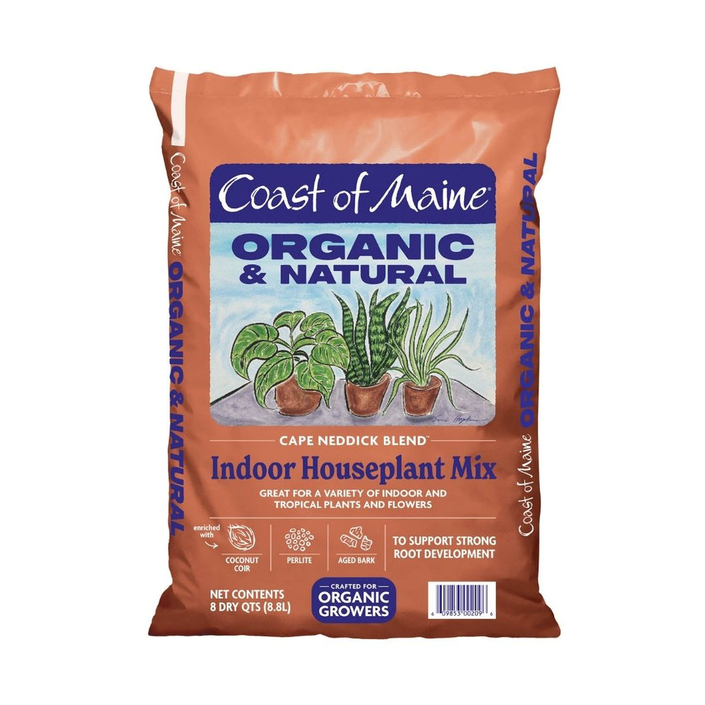 A brown bag of Coast of Maine - Indoor Houseplant Mix - 8 Qt. by Available for Pick-Up & Delivery, featuring potted plant illustrations and promoting organic soil for strong root growth and tropical houseplant needs.