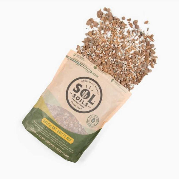 A 1-gallon bag of Succulent Gritty Mix from Available for Pick-Up & Delivery is tipped over, spilling a blend of pebbles, coarse sand, and cactus mix onto a white surface.