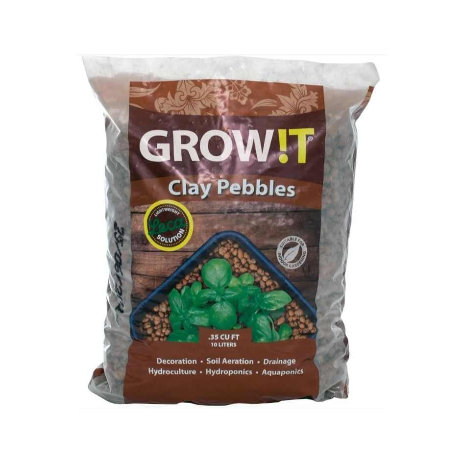 The GROW!T – Horticultural Clay Pebbles - 10L by Available for Pick-Up & Delivery features a label with green plants and pebbles, perfect for decoration, soil aeration, drainage, hydroponics, and aquaponics.
