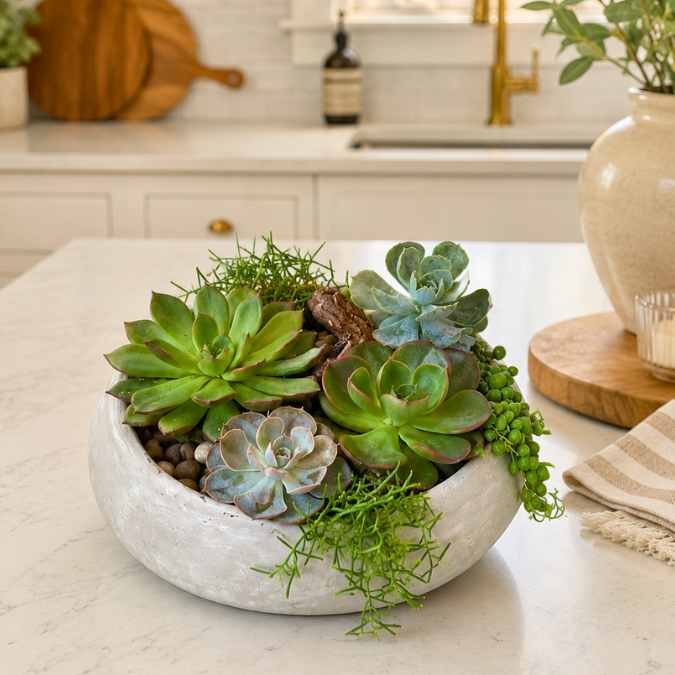 The Pick-Up Only Workshop: Create a Succulent Planter features a white ceramic planter with assorted green succulents, displayed on a marble kitchen countertop with blurred kitchen elements in the background.