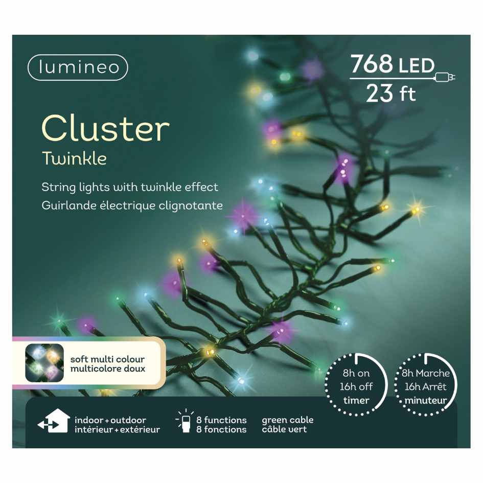 The LED Cluster Lights – Soft Multicolor – 8 Function by Available for Pick-Up & Delivery feature 768 LEDs on a green wire, twinkle effect, timer, and are great for indoor or outdoor holiday decorating.