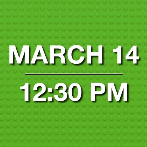 Announce the Pick-Up Only 04. LEGO® Make-and-Take Workshop on March 14 at 12:30PM—ideal for kids at Bricks & Minifigs West Babylon! White text shows date/time on a green LEGO-studded background.
