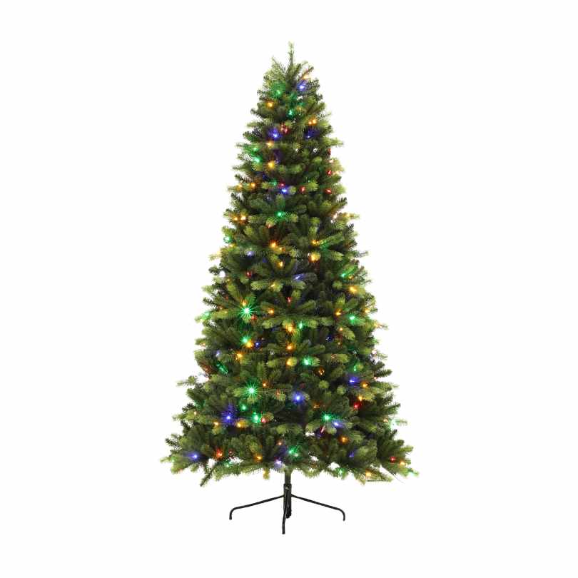 The Laguardia Fir LED 9-Function Lights 7.5 Ft. artificial Christmas tree stands on a black metal base with multicolored LEDs, no ornaments, and is from Available for Pick-Up & Delivery, displayed against a plain white background.