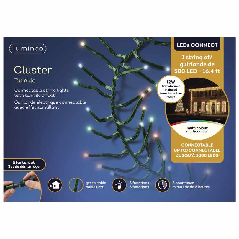 Cluster Twinkle LED 500 ct. String Lights Multi-Colored by Available for Pickup & Delivery, with 500 multicolor LEDs, twinkle effect, connectable design, and 8 lighting functions. Packaging features lit outdoor house display.