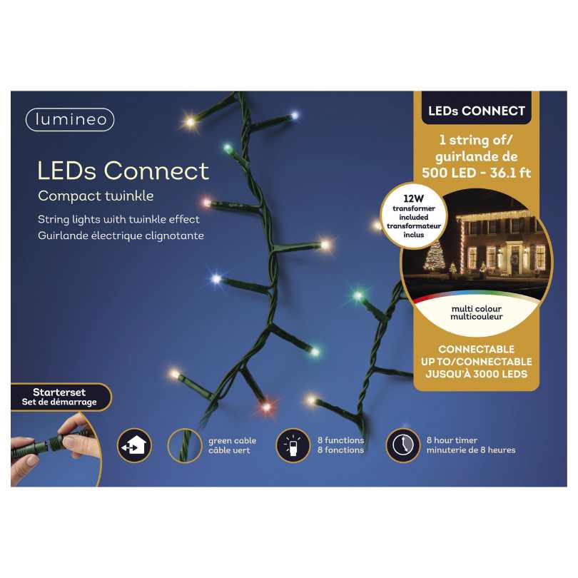 Box for Compact Twinkle LED 500 ct. String Light Set Multi-Color shows vibrant multicolor lights. Features include 500 LEDs, 36.1 ft length, and connectable up to 3,000 LEDs—ideal for outdoor holiday displays. Available for Pickup & Delivery.
