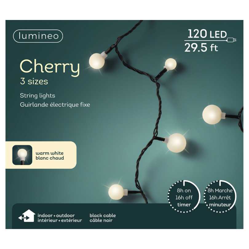 The Cherry LED 120 ct. String Lights Warm White by Available for Pickup & Delivery feature 120 warm white LEDs on a 29.5 ft black cable, ideal for indoor/outdoor use. Packaging showcases round bulbs and features in English and French.