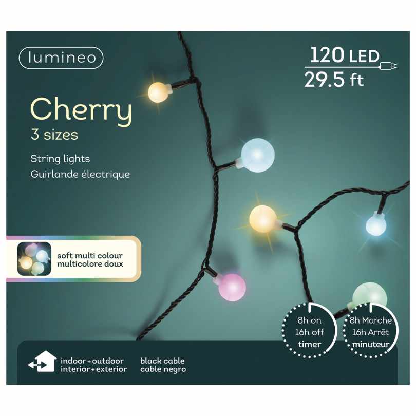Cherry LED 120 ct. String Lights Soft Multi-Color, available for Pick-Up & Delivery, feature a black cable and timer; ideal indoor/outdoor pastel holiday lighting for any space.