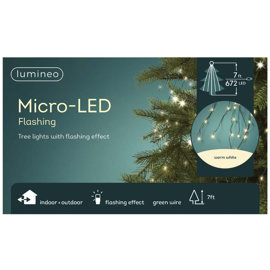 The Micro LED 672 ct. Tree Bunch Warm White by Available for Pick-Up & Delivery features 672 warm white LEDs on a 7ft green wire, offers a flashing effect, and is suitable for indoor or outdoor use.
