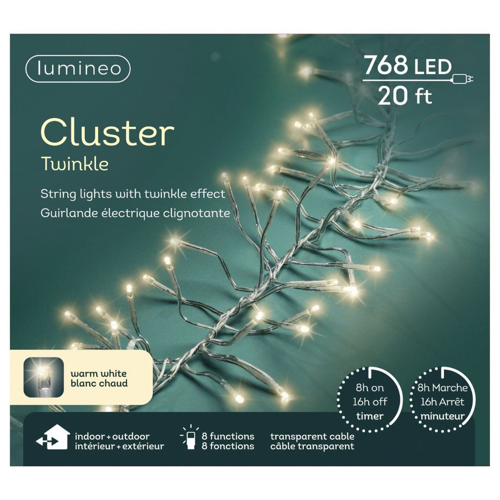Cluster LED 768 ct. String Lights Warm White by Available for Pickup & Delivery—20 ft long, warm white bulbs, with timer, 8 lighting modes, suitable for indoor and outdoor use.