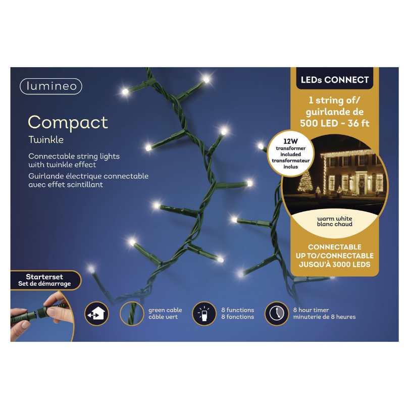 The Compact Twinkle LED 500 ct. String Light Set Warm White by Available for Pickup & Delivery features 500 LEDs on a 36 ft green cable for indoor/outdoor use, and includes product photo and details.