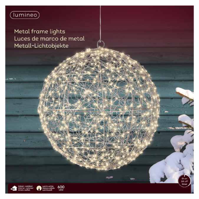 The 15-inch Micro LED Lit Ball – Warm White Lights by Available for Pick-Up & Delivery, featuring 600 micro LEDs, brightens a teal wall as snowy greenery brings festive charm to your outdoor holiday décor.
