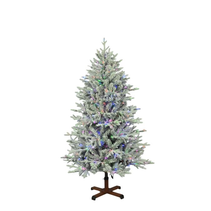 A 5 Ft. Nordic Flocked Fir Multi-Function Lights artificial Christmas tree with multi-function multicolored lights on a brown stand.