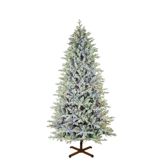 Nordic Flocked Fir Multi-Function Lights 7.5 Ft. artificial Christmas tree with flocked branches, multicolored lights, and a brown metal base.