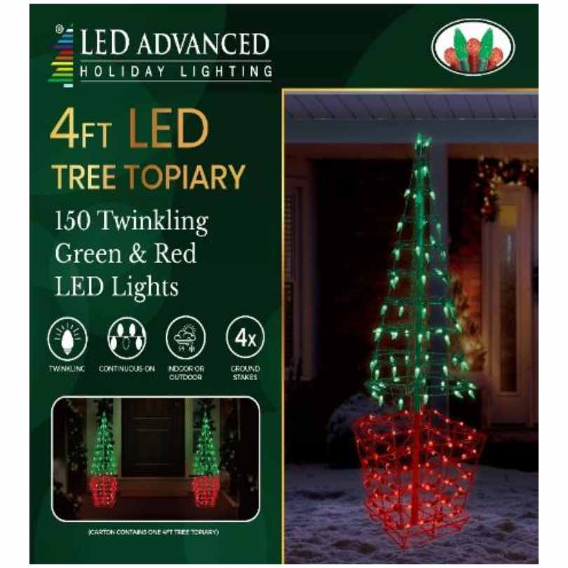 A product box for the Lit Wire Christmas Tree - 48" by Available for Pick-Up & Delivery, featuring 150 green and red twinkling LED lights. The glowing tree is shown outdoors at night, ideal for festive holiday decorating.