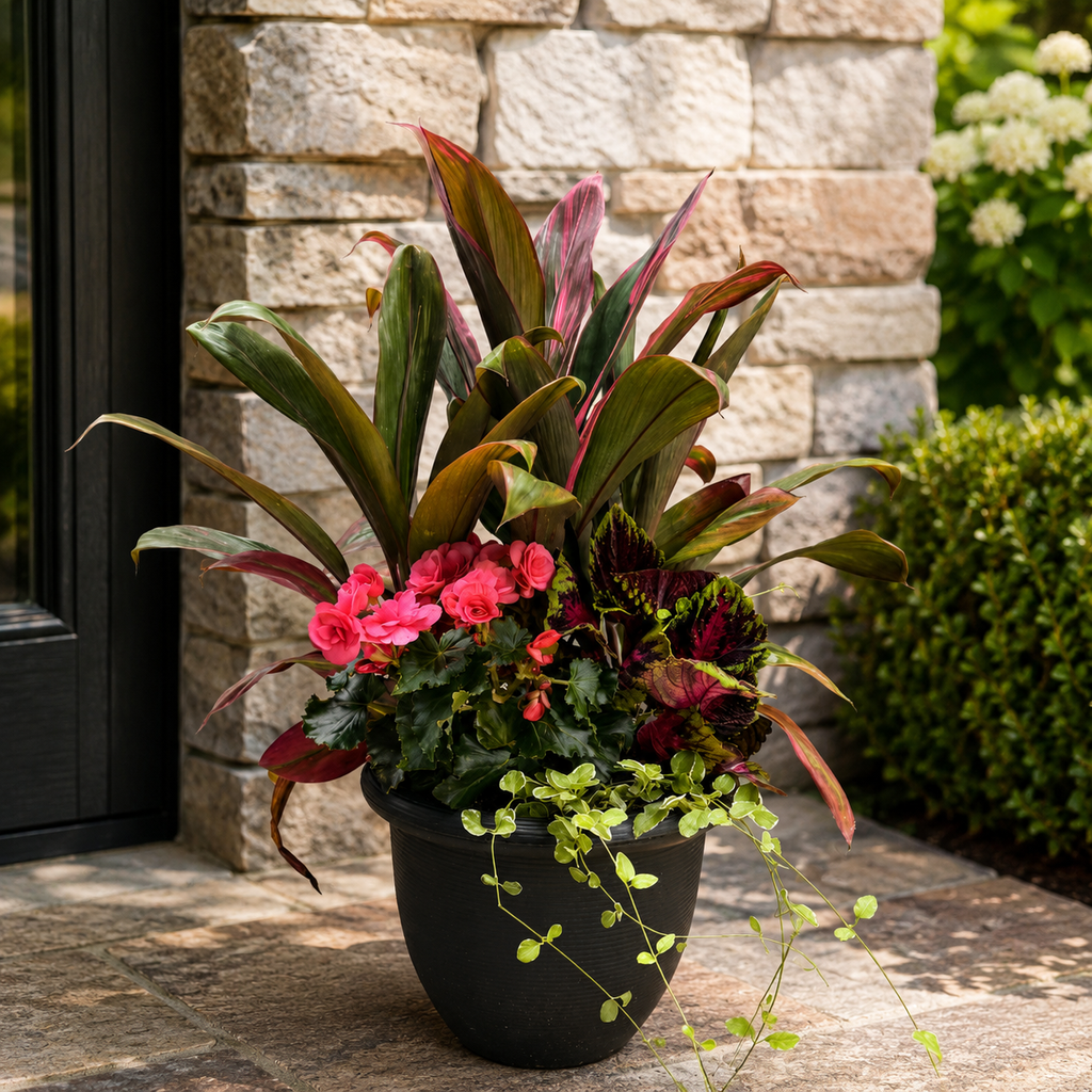 The Pick-Up Only Workshop: Create a Summer Planter | SHADE – REGULAR features a black summer planter with vibrant pink flowers, green and red foliage, and trailing vines, perfect for patios near stone walls and lush bushes.