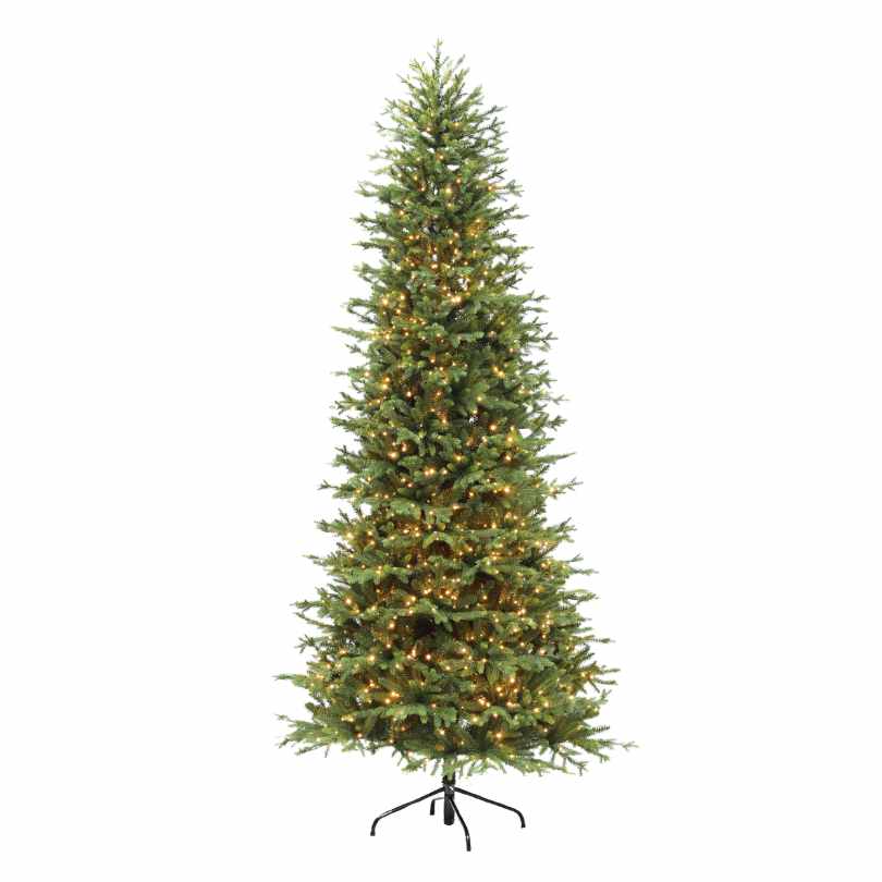 The Slim Southern Fir 10 Ft. artificial Christmas tree, with green branches and 3MM super bright lights, stands on a black metal base. Brand: Available for Pick-Up & Delivery. Displayed against a plain white background.