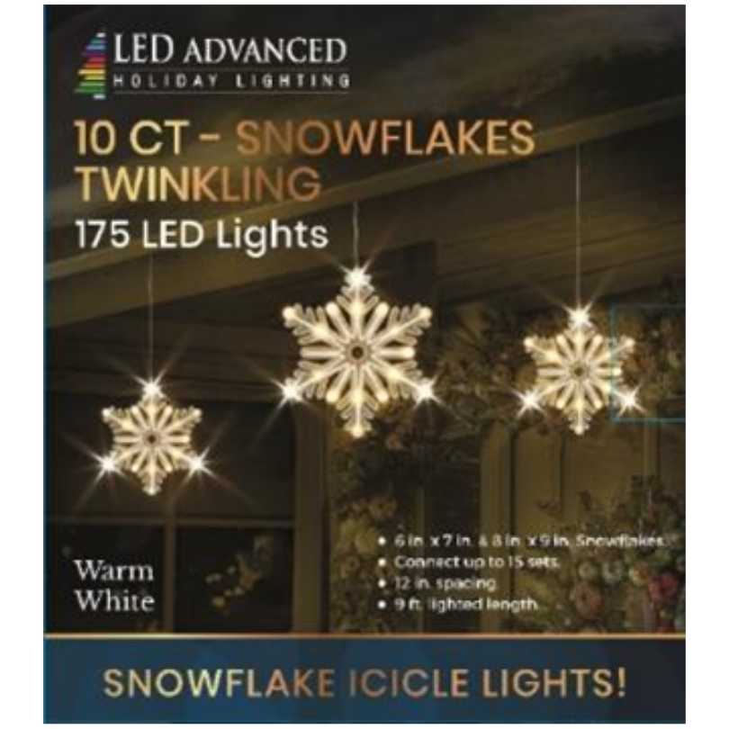 The Snowflake Icicle Light Set – Warm White – 10 Ct. features three glowing, twinkling snowflake shapes with 175 LED lights—a festive window decoration. Available for Pick-Up & Delivery.