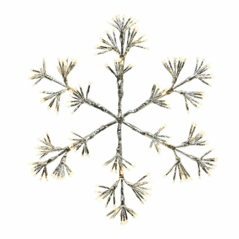A six-branched snowflake with twig-like details set on a white background—ideal inspiration for outdoor holiday décor or the Snowflake LED Frame Light – Warm White – 30-Inch, from Available for Pick-Up & Delivery.