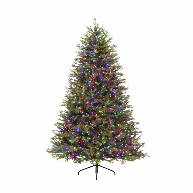 The Southern Pine LED 9-Function Lights 7.5 Ft. artificial tree, from Available for Pick-Up & Delivery, features dense green branches and multicolored lights on a black metal stand against a white background.
