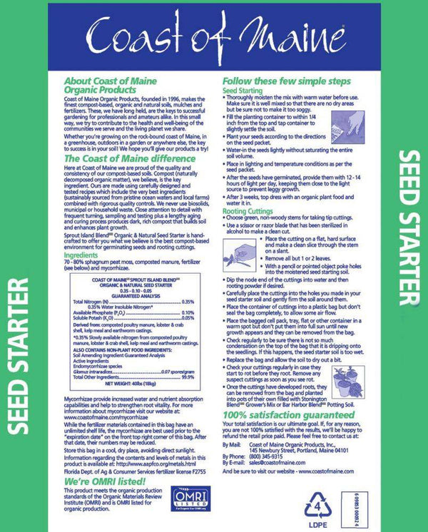 Green, blue, and white instructional label for Pick-Up & Local Delivery Only Coast of Maine - Organic Seed Starter - 16 qt. with germination and cutting instructions, product info, organic certification, mycorrhizae benefits, and satisfaction guarantee.