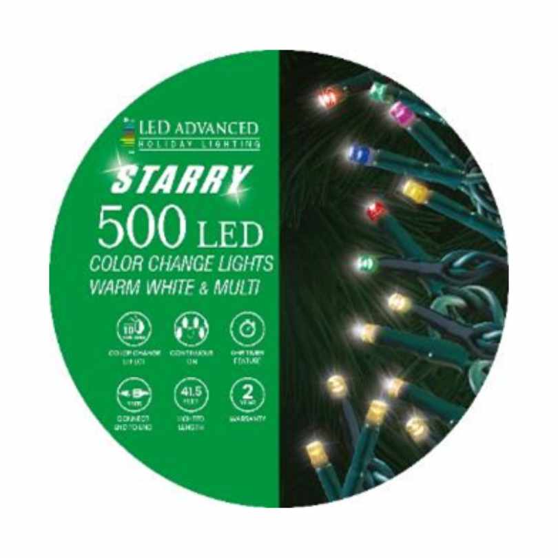 A close-up of the Starry Lights 500 Micro LED String Set – Color Changing Warm White to Multi, available for pick-up & delivery, highlighting festive color-changing Christmas lights.