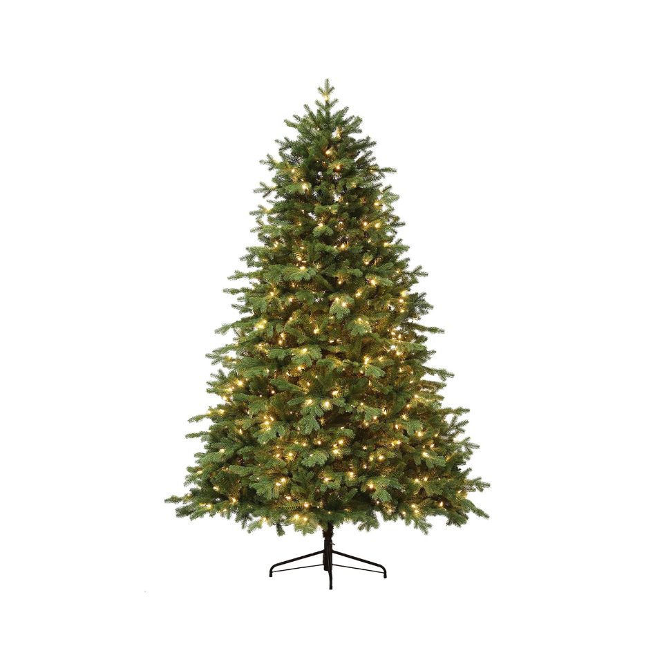 The Thunder Ridge Fir Sure-Lit Lights 8 Ft. artificial Christmas tree features warm white pre-strung lights and a black metal stand, offering a lifelike fir look by Available for Pick-Up & Delivery.