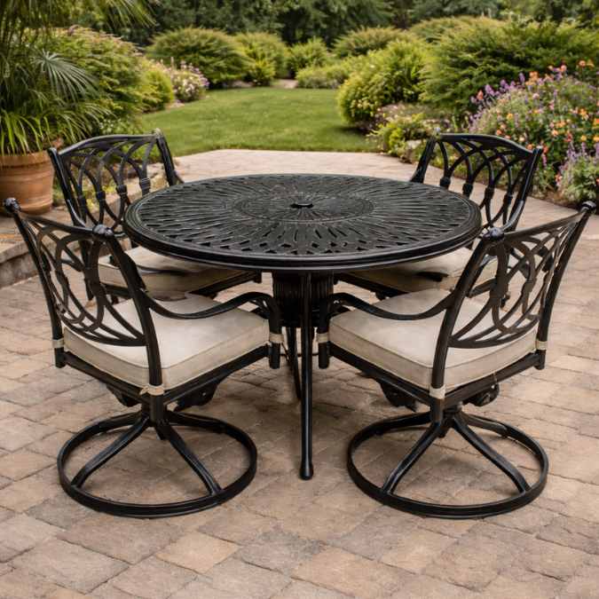 The Toscana 5-piece Outdoor Patio Dining Set by Delivery Only, featuring a round black metal table with decorative patterns and four matching Sunbrella cushions, sits on a stone patio amid lush greenery and blooming flowers.