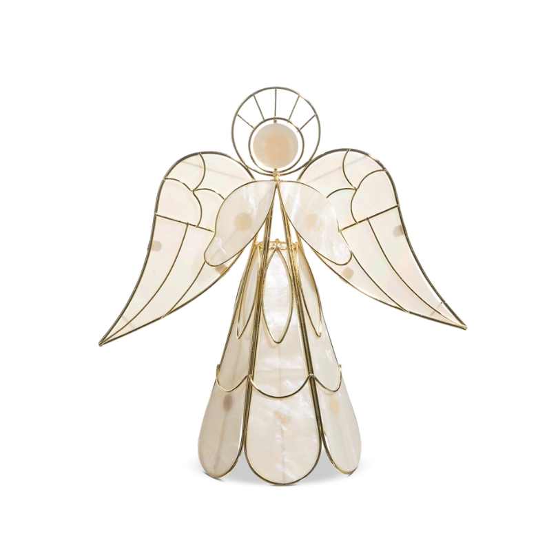 The Tree Topper - Angel Capiz - 10.25" features gold metal outlines and pearly white panels for elegant holiday décor, from the brand Available for Pick-Up & Delivery. Shown against a plain white background.