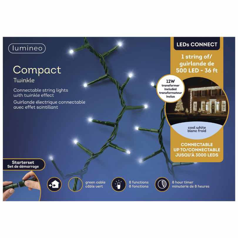 The Compact Twinkle LED 500 ct. String Light Set Cool White by Available for Pickup & Delivery features 500 cool white LEDs, green cable, and 8 functions. Connect up to 3000 LEDs for stunning indoor/outdoor holiday displays.