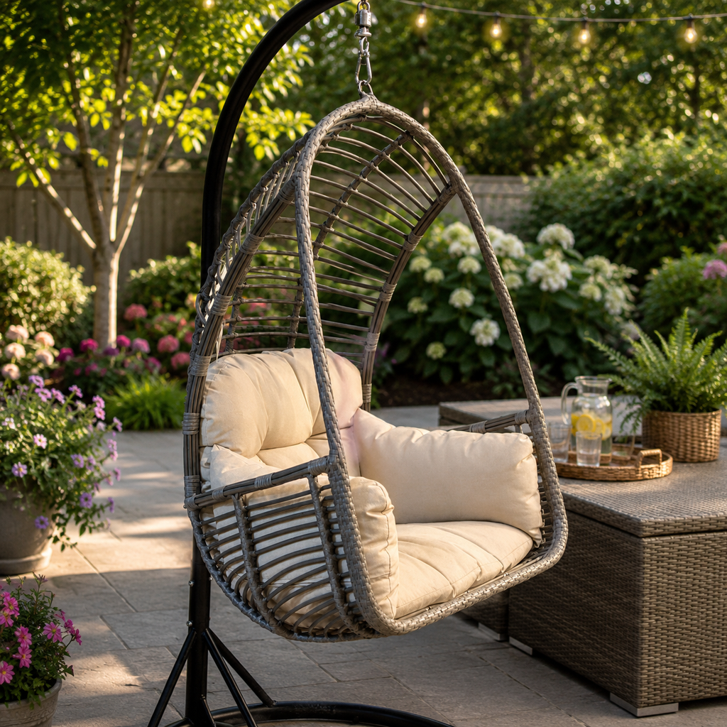 The Pick-Up & Local Delivery Only Hanging Basket Chair with beige cushion sits on a patio amid blooming flowers, while a wicker table holds lemonade and glasses for a relaxing outdoor retreat.