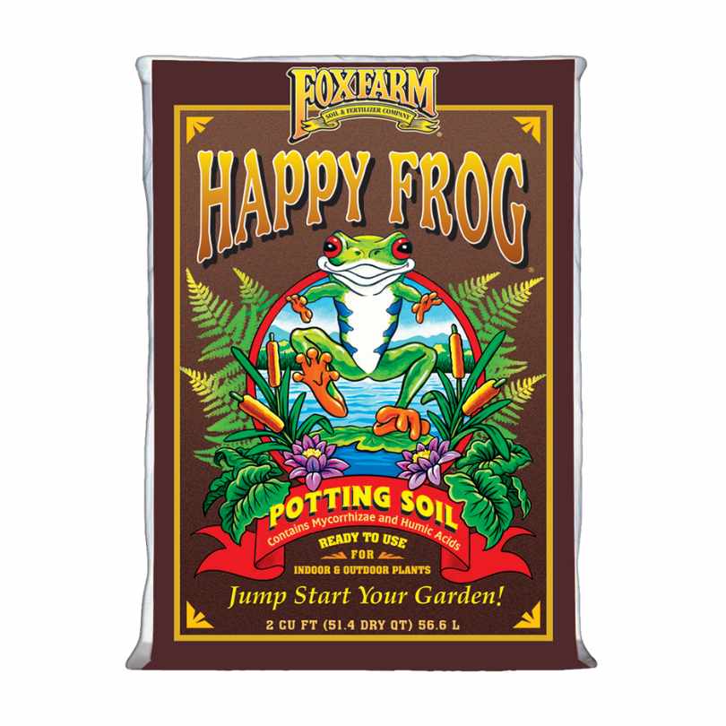 A vibrant bag of Happy Frog® Potting Soil – 2 cu. ft. displays a cartoon frog amid lush plants, promoting its nutrient-rich blend for indoor, outdoor, and container use. Available for pick-up & delivery.