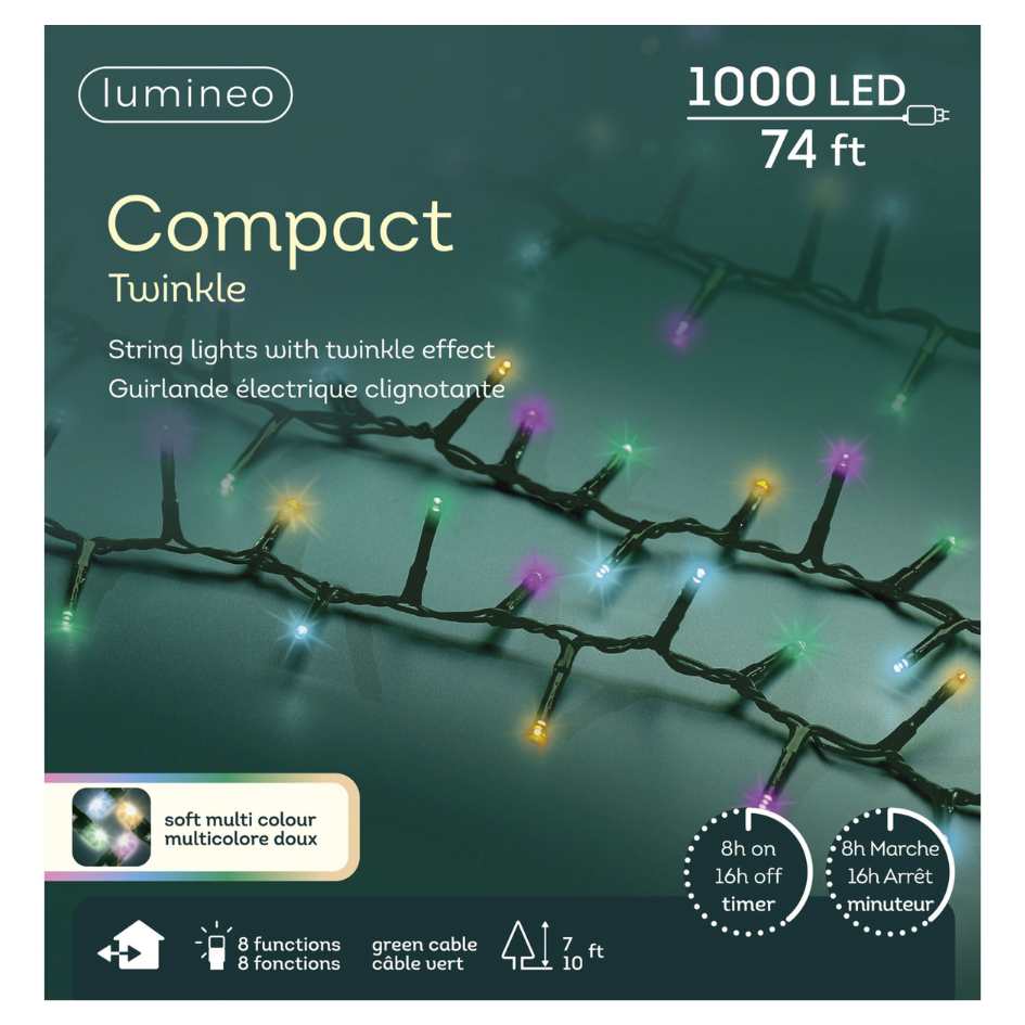 The LED 1000 ct. Compact String Lights Twinkle Rainbow by Available for Pick-Up & Delivery features 1000 LEDs on a 74 ft green cable, with 8 functions, a timer, and twinkle effect—ideal outdoor holiday lights for festive displays.