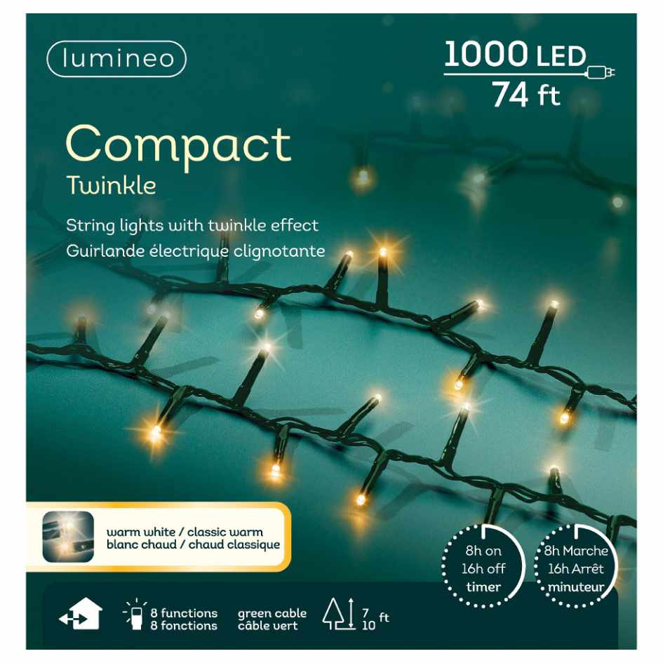 A box of LED 1000 ct. Compact String Lights in Warm White & Cool White by Available for Pick-Up & Delivery, featuring a 74 ft green cable, timer, 8 lighting modes, and twinkle effect—perfect for festive décor.