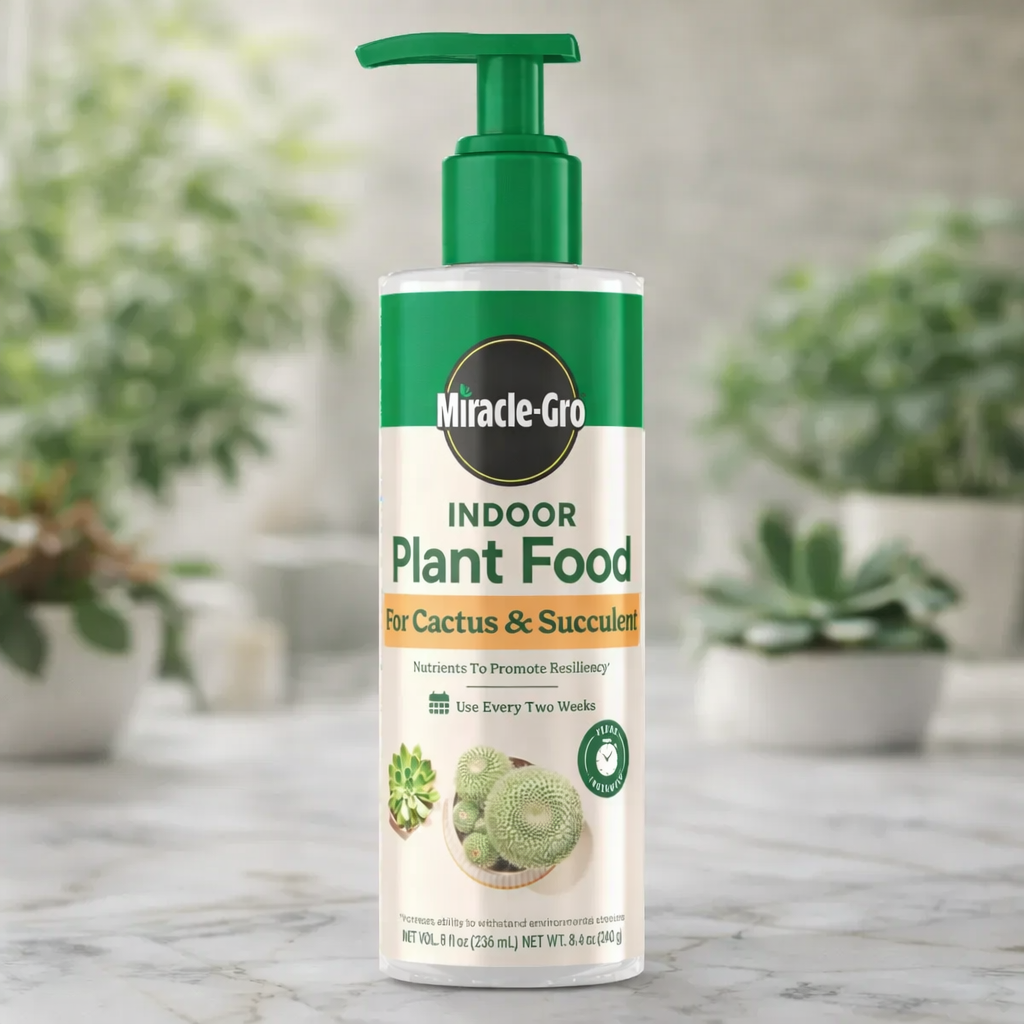 A bottle of Miracle-Gro® Succulent Plant Food (8oz) from All Delivery Options sits on a marble surface, with blurred potted succulents behind it. The bottle has a green pump and a clear label.