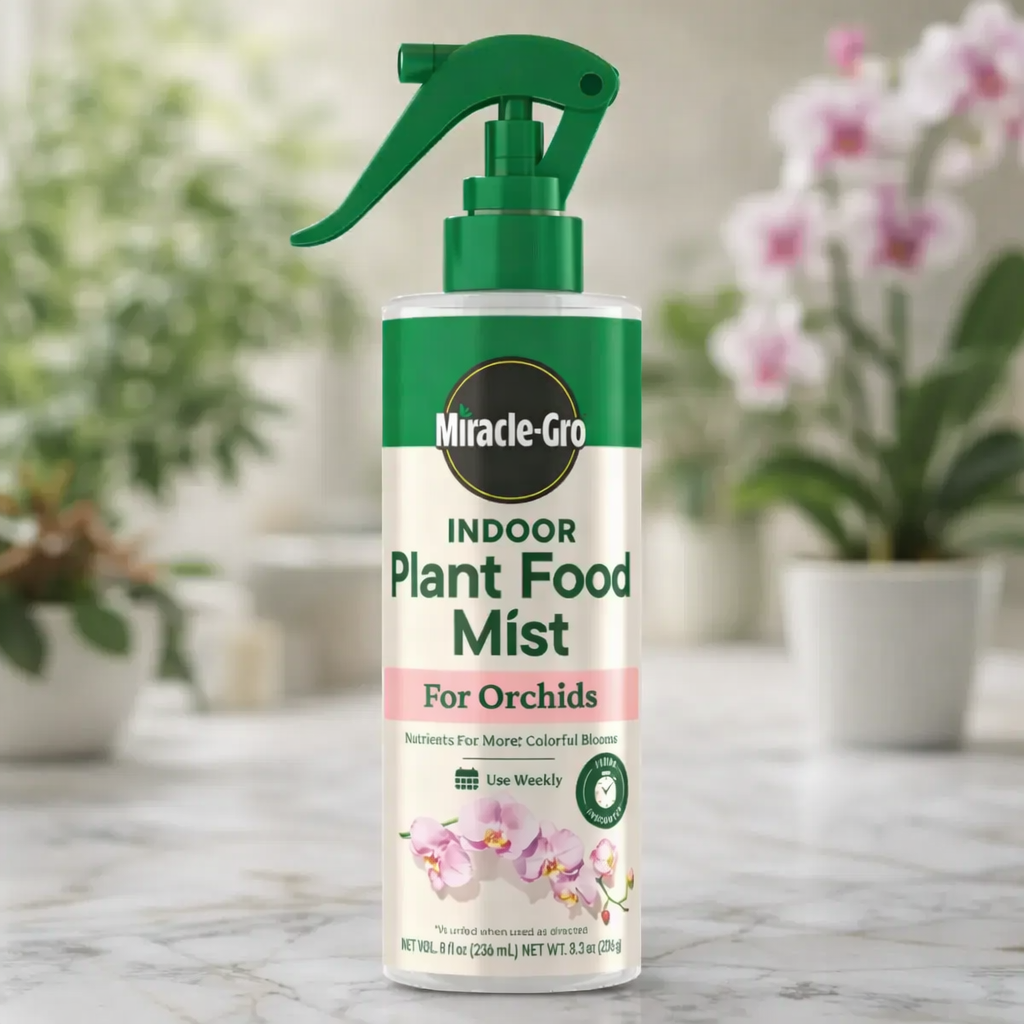 An 8 oz. bottle of Miracle-Gro® Orchid Plant Food Mist rests on a marble surface, its green spray top and floral label standing out with blooming orchids softly blurred in the background—ideal for gentle orchid care by All Delivery Options.