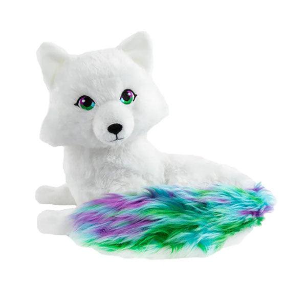 Noorah, an arctic fox plush toy with white fir and a green, blue and purple colored tail. 
