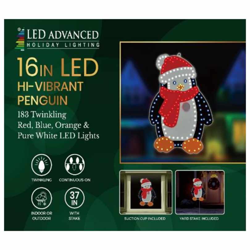 Product packaging for the Penguin - LED Outdoor Decor - 16" from Available for Pick-Up & Delivery. Features twinkling lights, red hat and scarf, and images showing suction cup, yard stake, and outdoor holiday décor usage options.