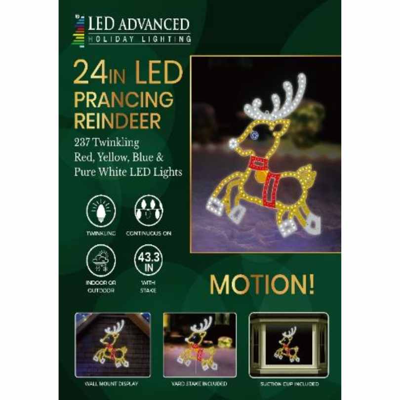 Add festive charm with the 24" Prancing Reindeer with Motion by Available for Pick-Up & Delivery—features 237 colorful LEDs, includes wall mount, yard stake, suction cup, and is suitable for indoor or outdoor use.