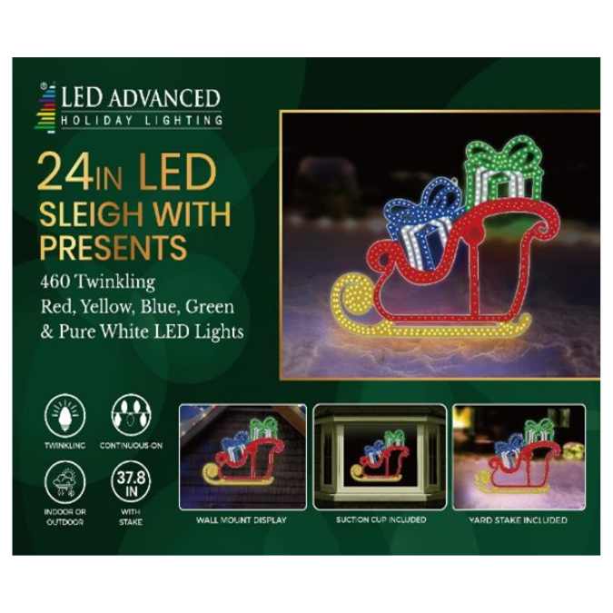 The Sleigh with Presents - LED Outdoor Decor - 24" features 460 multicolor LEDs. Display this holiday decoration outdoors, wall-mounted, or with suction cups. Brand: Available for Pick-Up & Delivery.