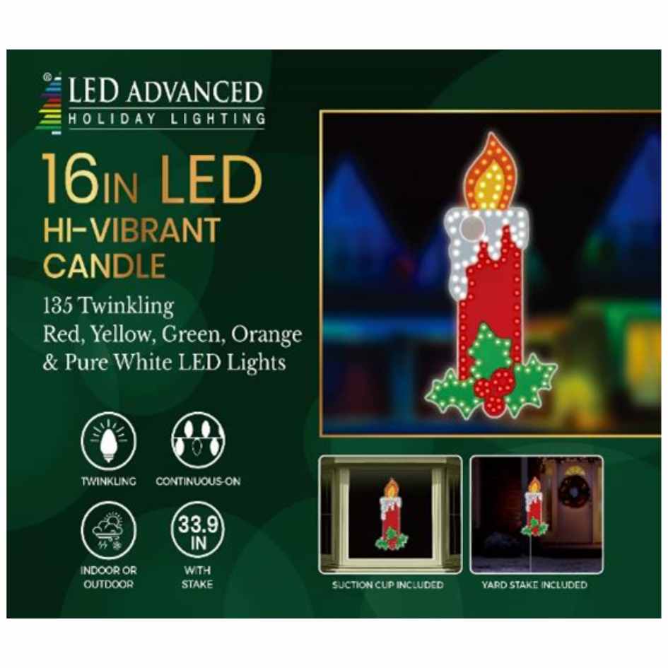 A 16" Candle with Holly Berries LED Outdoor Decor by Available for Pick-Up & Delivery features 135 twinkling red, yellow, green, orange, and white lights. The box displays its design, indoor/outdoor use, and mounting options.