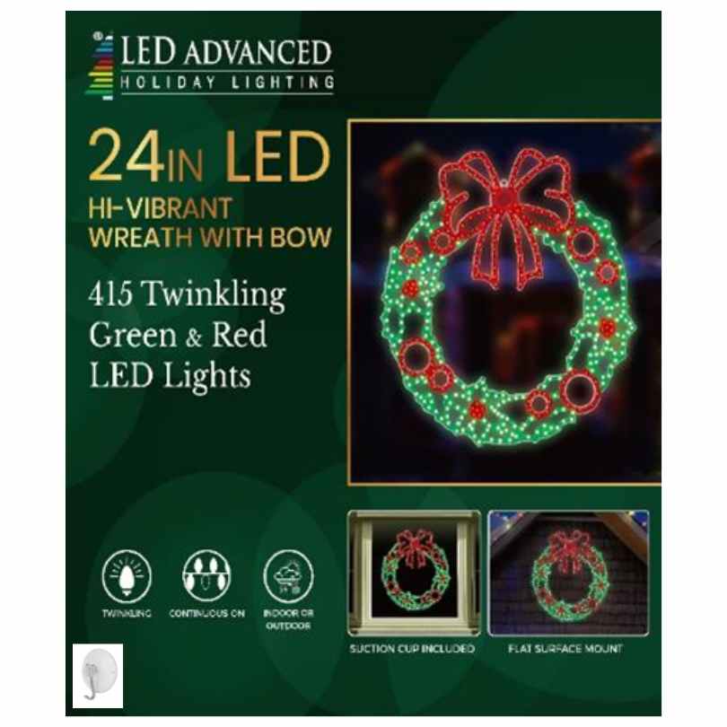 The Wreath with Bow - LED Outdoor Decor - 24" by Available for Pick-Up & Delivery features 415 twinkling lights and a red bow. Shown mounted outdoors, its festive glow brightens any holiday display.