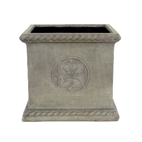 The All Delivery Options Lightweight Square Planter in Antique White features a raised floral medallion and rope-like border. This 14.63-inch square planter comes empty, ready for your favorite plants, and is ideal for outdoor decor.