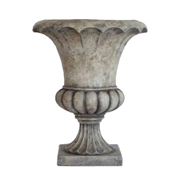 The Lightweight Scallop Urn Planter – Antique White, 22-inch by Pick-Up & Local Delivery Only features a fluted rim, rounded bowl, and ornate pedestal base—perfect for enhancing outdoor spaces. Shown against a white background.