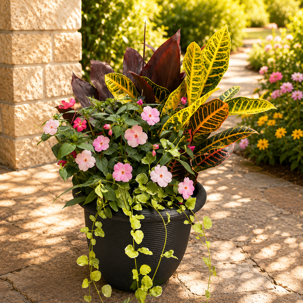 The Workshop: Create a Summer Planter | SUN – REGULAR by Pick-Up Only features a black planter filled with green, yellow, and burgundy foliage, pink flowers, and trailing vines—perfect for bright patios or gardens.