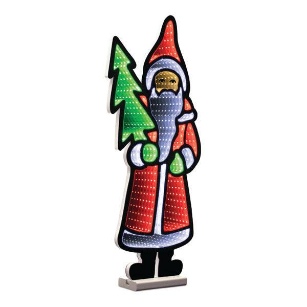 The Infinity Light – Santa Holding Tree – 23.5” from Available for Pick-Up & Delivery features Santa in bright red, white, and green neon lights with a green Christmas tree, all on a simple base.