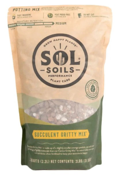A 2 Qt. bag of Succulent Gritty Mix from Available for Pick-Up & Delivery, in a tan and green package with a clear window, offers excellent drainage for succulents as a performance plant care product.