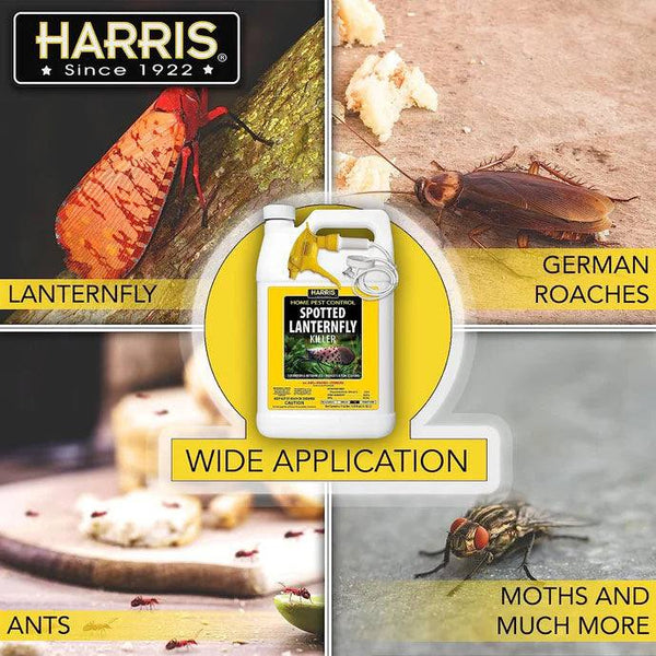 A centered image of Spotted Lanternfly Killer – Ready-to-Use (128 fl. oz., Pickup & Local Delivery Only) features spotted lanternflies, German roaches, ants, and a moth, highlighting its EPA-registered, non-staining formula for broad pest control.