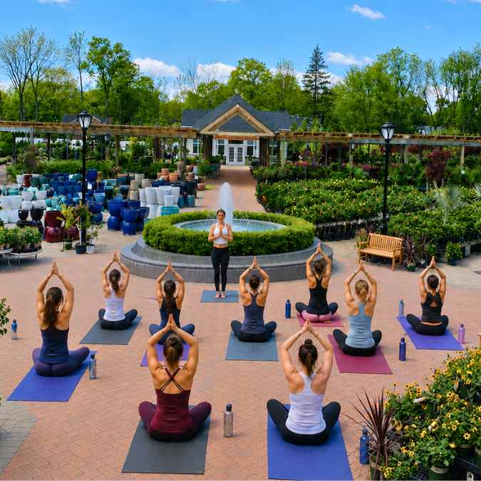 A peaceful morning at Hicks Nurseries Event as a group practices Sunrise Yoga | Wed., July 22, 2026, seated in a circle around a fountain amid lush plants and greenery under the blue sky.