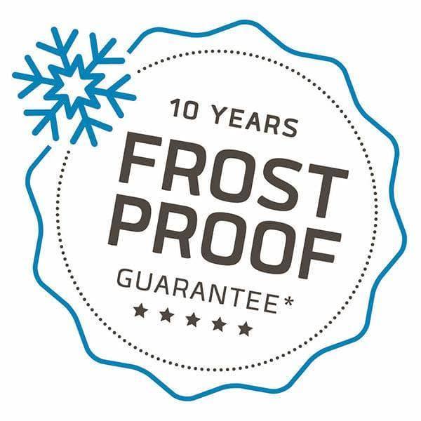 A badge with a blue snowflake and bold text: 10 Years Frost Proof Guarantee* highlights the Toulouse Planter - Black (11x19, Pick-Up & Local Delivery Only), weather-resistant, with a dotted circular border and five stars below.